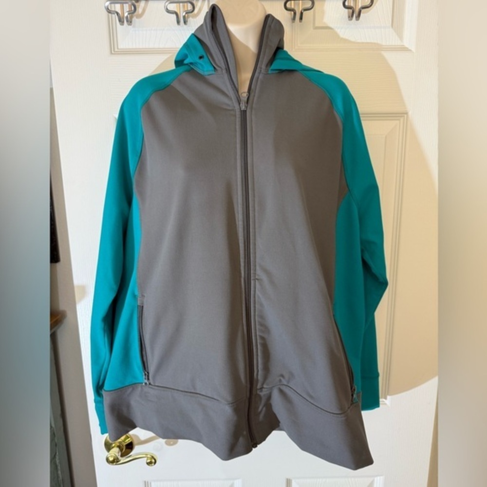 Lands' End Women's Gray Teal Hooded Athletic Jacket Track ThumbHoles 1X